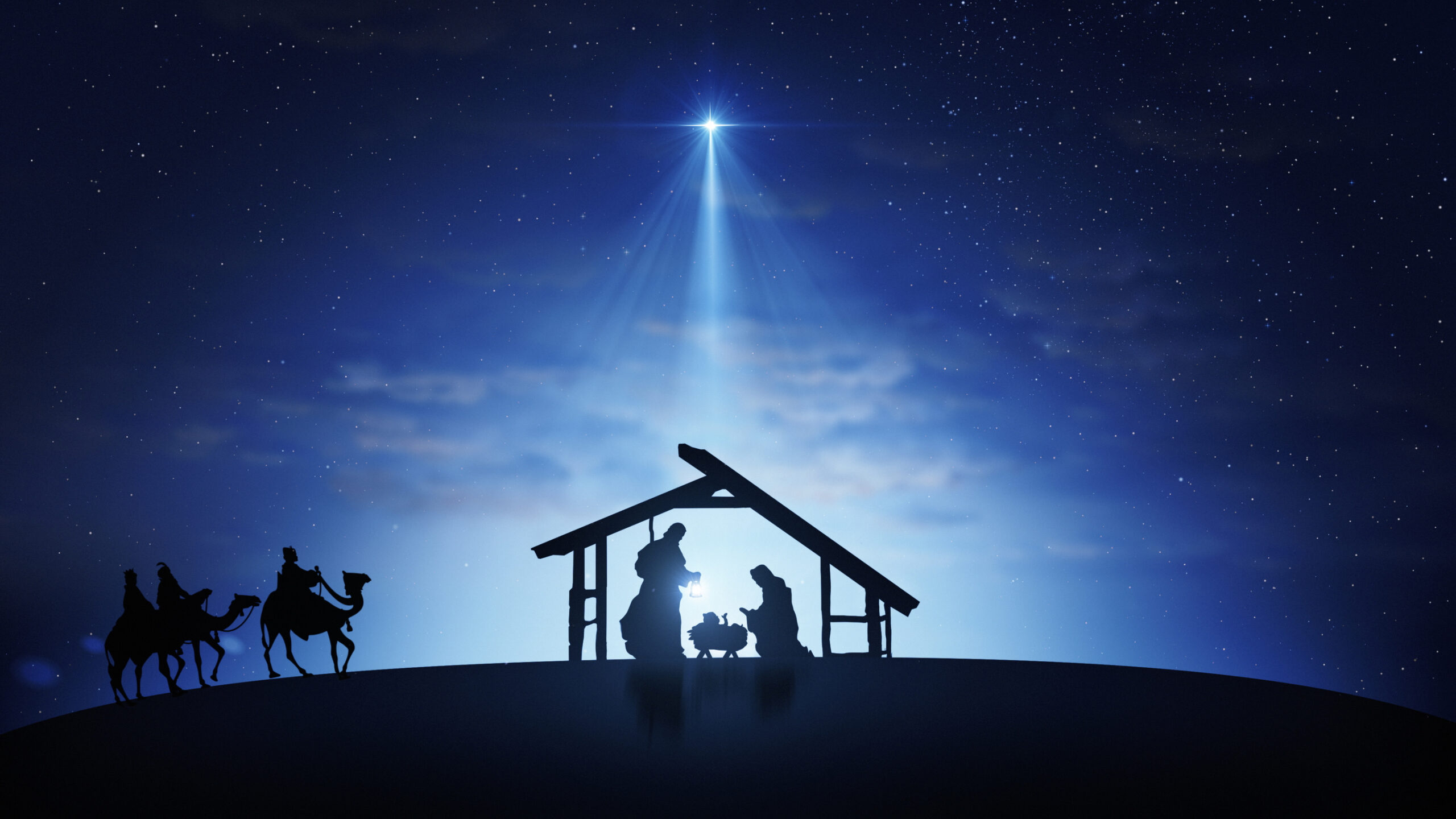 Christmas Scene with twinkling stars and brighter star of Bethlehem with nativity characters animated animals and trees. Nativity Christmas story under starry sky and moving wispy clouds.