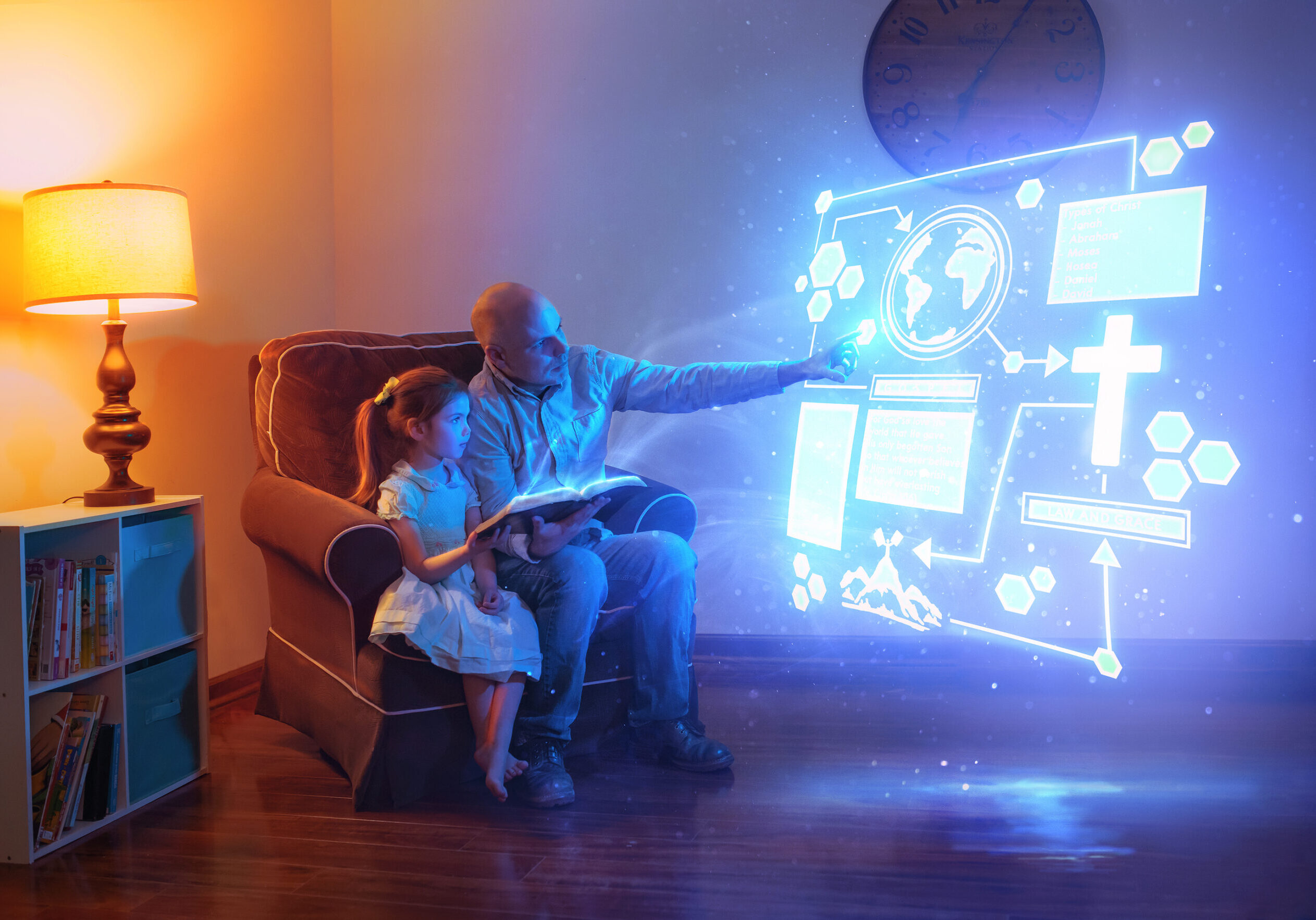 A father and daughter read a Bible with futuristic technology