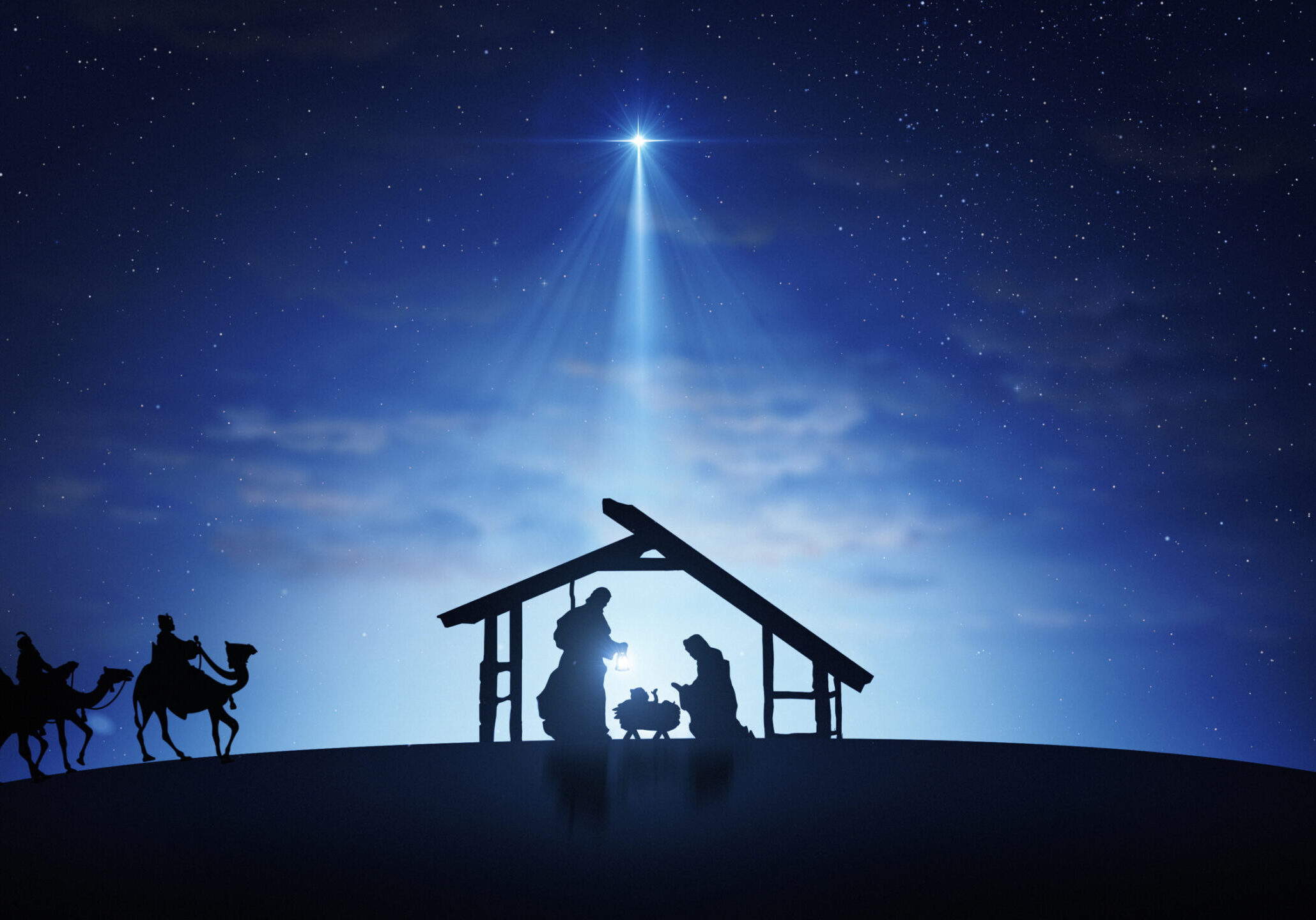 Christmas Scene with twinkling stars and brighter star of Bethlehem with nativity characters animated animals and trees. Nativity Christmas story under starry sky and moving wispy clouds.